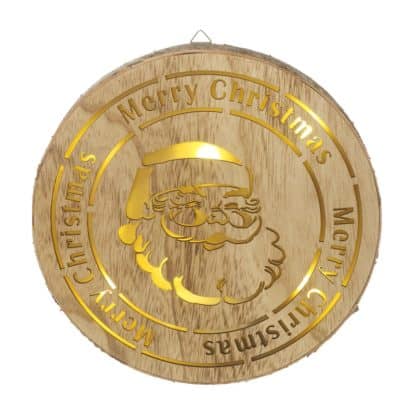 LED Father Christmas hanging wooden sign