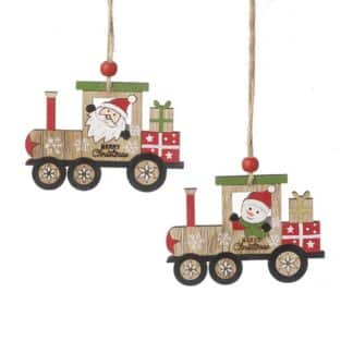 Wooden Santa or snowman hanging train decoration