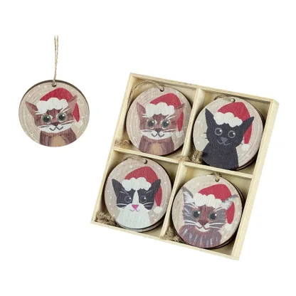 Set of 8 wooden cats in hats baubles