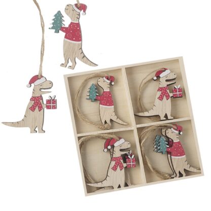 Wooden Dinosaur Christmas Tree Decoration Box Set of 8