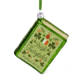 Irish FairyTales Glass Christmas Tree Decoration – Green Book Hanging Bauble with Irish Flag & Shamrocks – Traditional Festive Ornament for Book Lovers & Irish Gifts